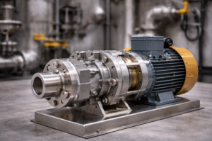 Bomba d’água de engrenagens metálica instalada em base industrial, acoplada a motor elétrico em ambiente fabril.