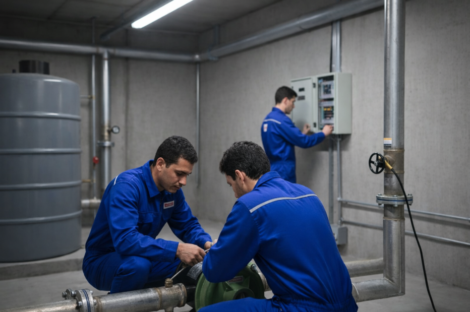 Técnico de manutenção instala bomba centrífuga Schneider BC-92s em casa de máquinas com tubulações e painel elétrico.