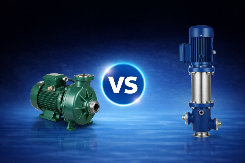 Comparação entre bomba centrífuga horizontal verde e bomba multiestágio vertical azul em aço inox, fundo azul.