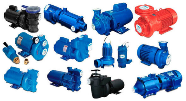 Conjunto de bombas d’água de diferentes modelos e tamanhos sobre fundo cinza, mostrando diversidade de aplicações hidráulicas.