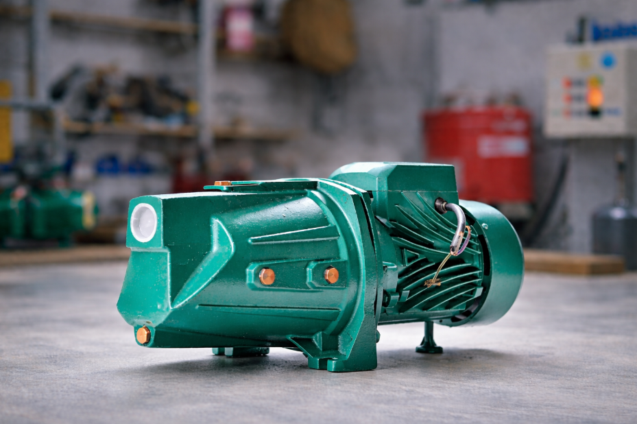 Bomba autoaspirante verde instalada em ambiente industrial, com motor elétrico e conexões metálicas em destaque.
