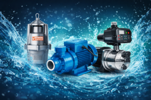 Comparação visual entre os principais tipos de bomba d’água utilizados em sistemas hidráulicos, incluindo bomba submersa, bomba centrífuga e bomba de pressurização, com foco em aplicações prediais e industriais.