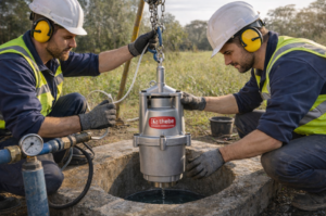 Técnicos instalam bomba submersa Thebe em poço artesiano, com EPI e ambiente rural ao fundo durante instalação.