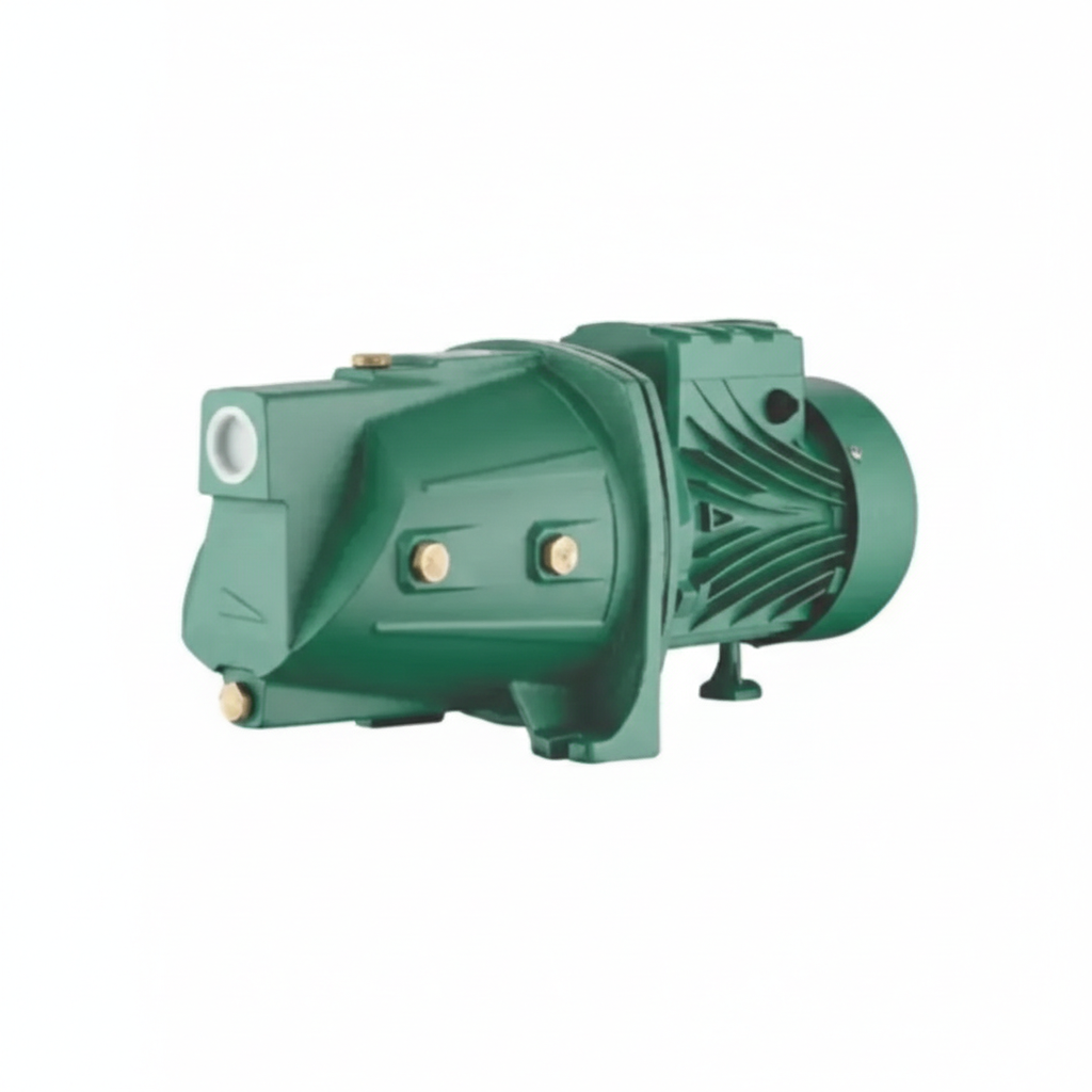 Bomba Autoescorvante ou Autoaspirante: Entenda as diferenças e aplicações de cada uma 2 Bomba autoaspirante Thebe Tjet F20 2 CV em ferro fundido verde, fundo branco, com motor monofásico 110/220 V.