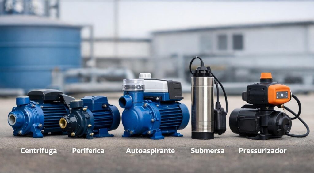 Tipos de bomba d’água: guia completo de modelos e aplicações 2 Comparação entre os principais tipos de bomba d’água utilizados em sistemas hidráulicos: centrífuga, periférica, autoaspirante, submersa e pressurizadora.